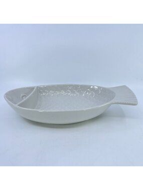 vintage hall china fish shaped divided dish white textured ceramic made in usa